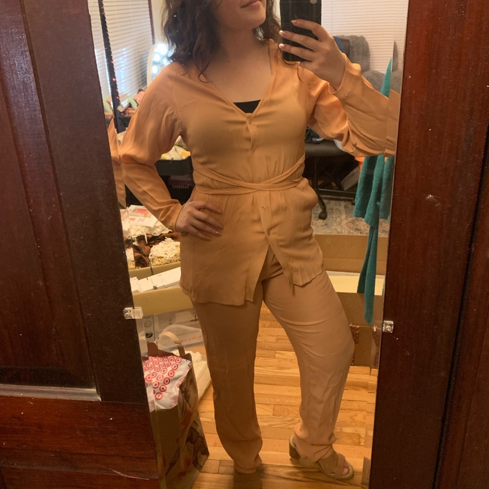 1990s vintage muted peach 3 piece crepe outfit with pants and wrap skirt
